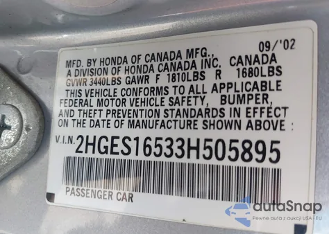 2003 Honda Civic Lx from USA, damaged, VIN 2HGES16533H505895